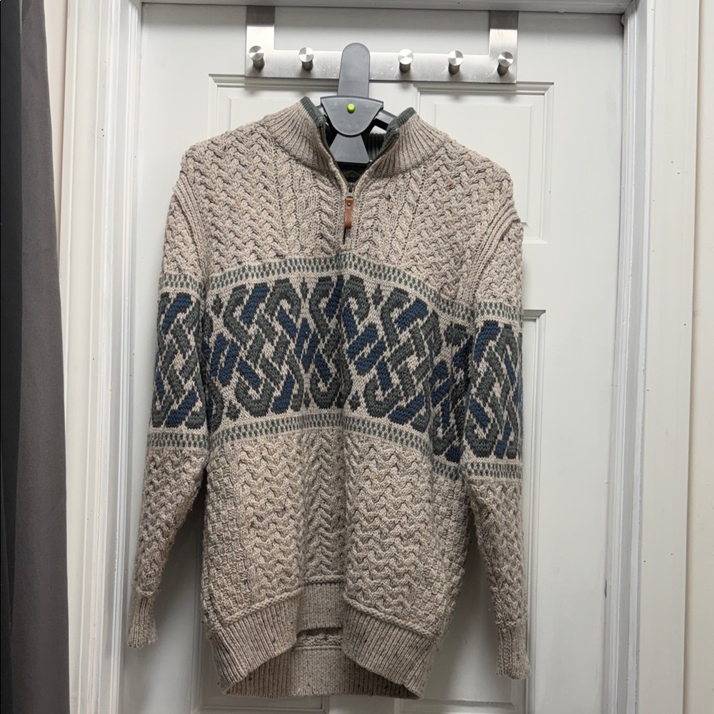 Aran Crafts Beige and Blue Zip-Up Sweater